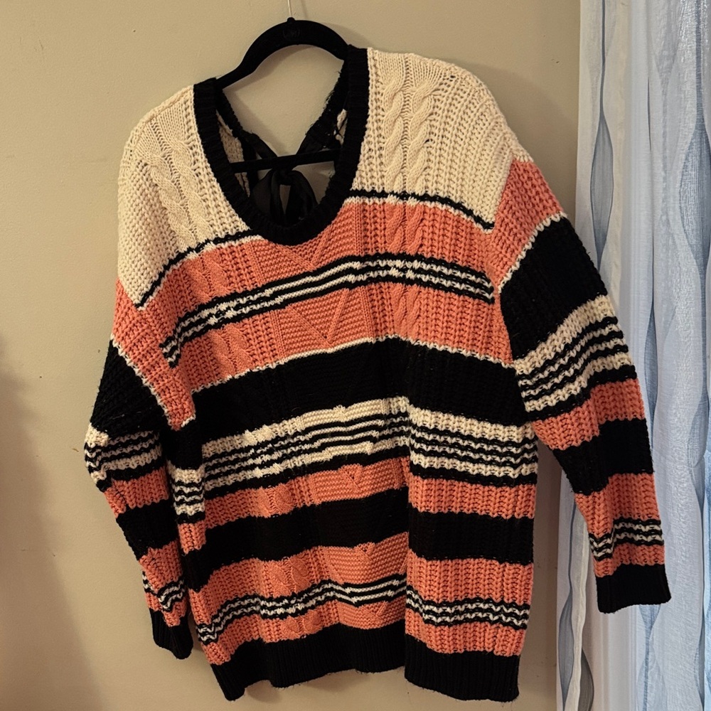 Torrid V-Neck Striped Sweater - Black, Pink, Cream